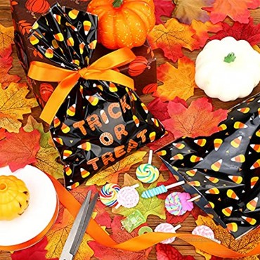 100 Pieces Plastic Trick Or Treat Candy Bags Halloween Goody Bags 6 x 9 Inch Halloween Wrapped Treat Bags Halloween Corn Candy Bags and Orange Ribbon for Halloween Party