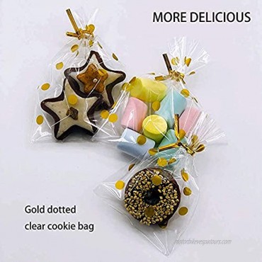 200 Pcs Treat Bags with 200 Pcs Twist Ties Thickness OPP Plastic Bags for Lollipop Candy Cake Pop Chocolate Cookie Wrapping 3.15” X 4.9” + 3.54” X 5.5” GOLD