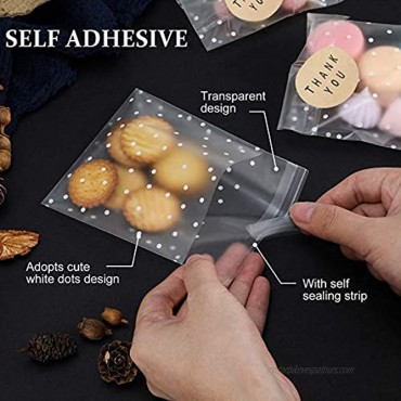 200pcs Self Adhesive Cookie Bags Cellophane Treat Bags White Polka Dot Cookie Candy Bags for Wedding Party Gift Giving with 200 Thank You Sticker 3.94 x 3.94 Inches White Polka Dot+Sticker