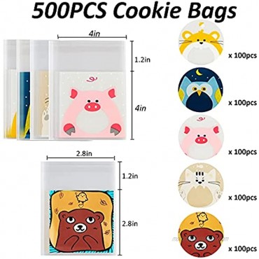 500PCS Cookie Candy Bags Cartoon Animal Self Adhesive Decorating Bag Bakery Cookie Bag Treat Bags DIY Plastic Bag for Party Birthday Halloween Christmas Candy Snack Food Chocolate Snowflake Crisp Bags