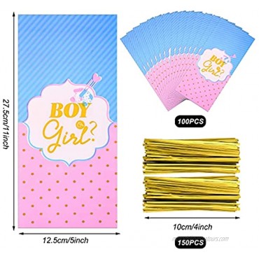 Harloon 100 Pieces Gender Reveal Candy Bags Gender Reveal Themed Bags Plastic Baby Shower Treat Bags and 150 Pieces Metallic Twist Ties Candy Bag Ties for Gender Reveal Party Supplies
