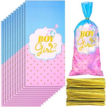Harloon 100 Pieces Gender Reveal Candy Bags Gender Reveal Themed Bags Plastic Baby Shower Treat Bags and 150 Pieces Metallic Twist Ties Candy Bag Ties for Gender Reveal Party Supplies