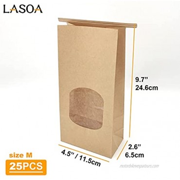 LASOA Kraft Paper Bags with Window 25Pcs Bakery Bags Tin Tie Tab Lock Brown Bags 4.5x2.6Inch Cookie Bags Coffee Bags Treat Bags Popcorn Bags for Halloween Thanksgiving Christmas