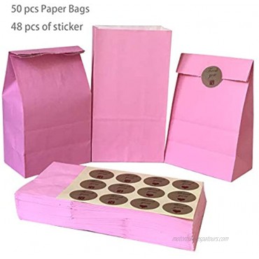 Party Favor Bag 50 pcs Food Safe Paper and Ink Natural Biodegradable Vivid Colored Self-Stand Buffet Bags Bottom Square Paper Treat Bag. with 60 pcs Stickers 1.5 inch. Pink…