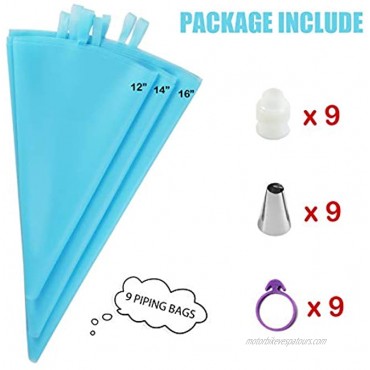 Piping Bags Pastry Bags 36Pcs Reusable Piping Bags and Tips Sets with 9 Icing Silicone Piping Bags 3 Sizes : 12’’+14’’+16’’ 9 Standard Couplers 9 Frosting Tips and 9 Cake Decorating Bag Ties Blue