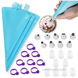 Piping Bags Pastry Bags 36Pcs Reusable Piping Bags and Tips Sets with 9 Icing Silicone Piping Bags 3 Sizes : 12’’+14’’+16’’ 9 Standard Couplers 9 Frosting Tips and 9 Cake Decorating Bag Ties Blue