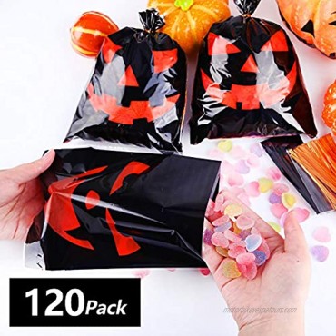 URATOT 120 Pieces Halloween Candy Bags Snack Bags Plastic Trick or Treat Candy Bags Halloween Pumpkin Candy Snack Bags with Twist Ties for Halloween Party Supplies