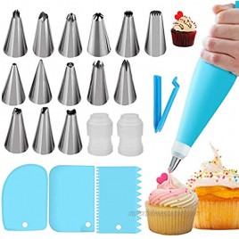 22pcs Piping Bags and Tips,DIY Cake Decorating Supplies Kit,Reusable Silicone Pastry Bags,Stainless Steel Icing Tips For Baking14×Nozzle,2×Icing Cream Pastry Bag+2 X Converter+3×Scraper+1×Bag Clips