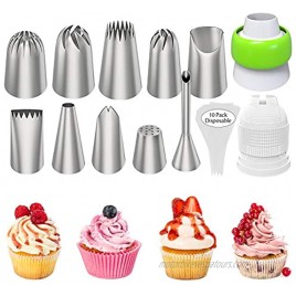 Ouddy Cake Decorating Icing Piping Tips Set Extra Large Decorating Tips for Cupcake Cookies 10 Stainless Steel Frosting Tips 2 Coupler 10 Disposable Pastry Bags