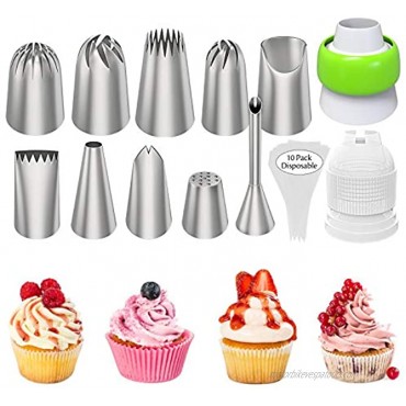 Ouddy Cake Decorating Icing Piping Tips Set Extra Large Decorating Tips for Cupcake Cookies 10 Stainless Steel Frosting Tips 2 Coupler 10 Disposable Pastry Bags