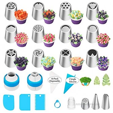 Ouddy Russian Piping Tips Set Baking Supplies 38Pcs Cake Decorating Tips Kit with 12 Icing Flower Piping Tips 2 Leaf Piping Tips 1 Grass Tip 3 Couplers 3 Icing Smoothers 11 Pastry Bags