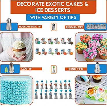 RFAQK 150Pcs Russian Piping Tips Set with Storage Box-Cake Decorating Tools-61 Numbered Piping Tips28 Russian+24 Icing Tips+7 Korean Tips+1 Ball tip+1 Leaf tipwith 40 Piping Bags,Pattern chart,EBook