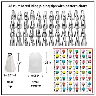 YOQXHY 130 Pcs Piping Tips and Bags Set with 48 Numbered Icing Tips,7 Russian Tips,1 Ball Tip,2 Leaf Tips,Pattern Chart,8 Carved Pens,4 Couplers,6 Ties,50 Disposable Pastry Bags for Cake Decorating