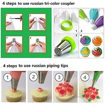 YOQXHY 130 Pcs Piping Tips and Bags Set with 48 Numbered Icing Tips,7 Russian Tips,1 Ball Tip,2 Leaf Tips,Pattern Chart,8 Carved Pens,4 Couplers,6 Ties,50 Disposable Pastry Bags for Cake Decorating