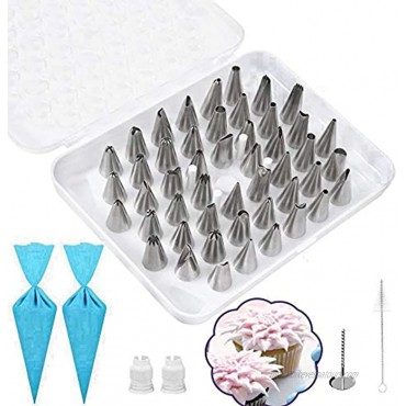 54 Pieces Cake Decorating Supplies Kit with 48 Icing Tips 2 Silicone Pastry Bags 2 Reusable Couplers 1 Flower Nails 1 Cleaning Brush Baking Supplies for Cupcakes Cookies