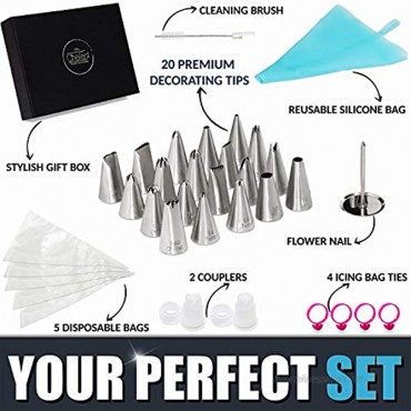 Chefast Cake Decorating Tip Set 20 Piping Tips 5 Frosting Bags 4 Bag Ties Couplers Nail Flower Reusable Pastry Bag Brush and Gift Box Great for Cakes Cupcakes and Cookies