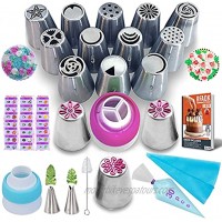 RFAQK 50Pcs Russian Piping Tips Set with Pattern Chart and E.BookPDF-Cake Decorating Tips-15 Numbered Easy to Use Piping Tips-2 Leaf Tips-2 Couplers-30 Disposable Piping Bags-1 Reusable Pastry Bag