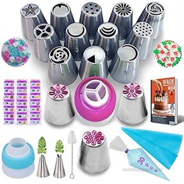 RFAQK 50Pcs Russian Piping Tips Set with Pattern Chart and E.BookPDF-Cake Decorating Tips-15 Numbered Easy to Use Piping Tips-2 Leaf Tips-2 Couplers-30 Disposable Piping Bags-1 Reusable Pastry Bag