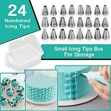 RFAQK 64 PCs Cake decorating supplies kit with Non-Slip Cake Turntable-Cake leveler- 24 Numbered Icing Piping Tips with Pattern Chart & EBook- Straight & Angled Spatula-30 Icings Bags- 3 Scraper set
