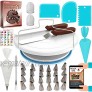 RFAQK 64 PCs Cake decorating supplies kit with Non-Slip Cake Turntable-Cake leveler- 24 Numbered Icing Piping Tips with Pattern Chart & EBook- Straight & Angled Spatula-30 Icings Bags- 3 Scraper set