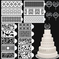 16 Pieces Cake Decorating Stencils Floral Cake Template Cake Printing Hollow Lace Decoration Molds with 4 Pieces Happy Birthday Cake Topper for Cupcake Wedding Cake Decoration