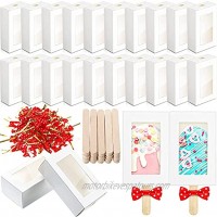 170 Pieces 3.7 x 2 x 1.37 Inches Cakesicle Boxes White Paperboard Bakery Box with Clear Window Present Box Wooden Craft Sticks Ice Cream Sticks Bowknot Tie Twist Ties for DIY Bakery Candy Lollipop