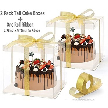 2 Pack Clear Tall Cake Boxes PET Clear Cake Box Carrier Packing -Transparent Boxes Candy Box Clear Gift Boxes with lid and Ribbon for Wedding Party and Baby Shower Favors 10x 10x 9inch-Clear