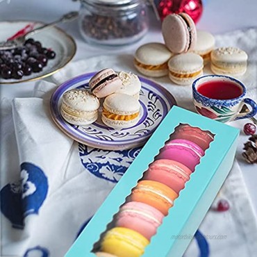 [20 Pieces]Blue Macaron Boxes for 6 to 7 Cookies With Transparent Display Window Bakery Boxes Chocolate Truffle Donut Dessert Mini Cupcake Cookie or Muffin Container Inner Size 3 x 8.6 x 2.2 Inches