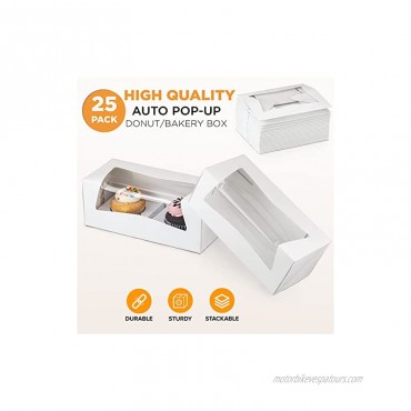 [25 Pack] 9x4x3.5” White Donut Bakery Box with Window Auto-Popup Cardboard Gift Packaging and Baking Containers Cupcake Cookie and Loaf Bread Boxes