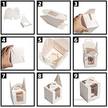 50 Pcs Single White Cupcakes Containers Gift Boxes with Window Inserts Handle for Wedding Candy Boxes