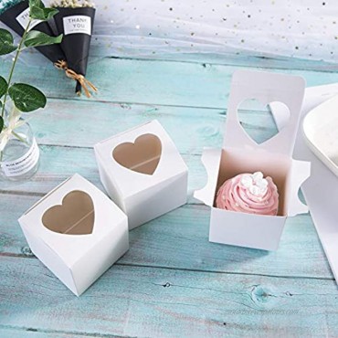 [50pcs]ONE MORE 3Mini Single Favor White Cupcake Boxes with Heart Shape Window without Handle,Small Cupcake box Carrier Individual Containers 3X3X3inch,Pack of 50