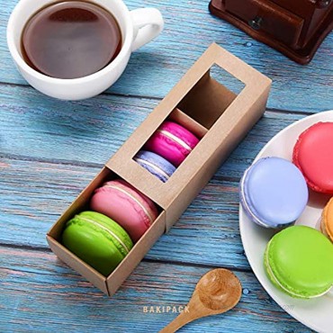 BAKIPACK 25 Macaron Boxes for 4 or 5 Macarons Kraft Macaron Gift Boxes，Candy Gift Boxes Macarons Box with Clear Window Interior Meament 4.8 x 1.8 x 1.8 without Macaron inside