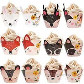 Bestus Woodland Animals Creatures Cupcake Wrappers 24 pcs for Baby Shower Decorations great for Neutral Tribal Wooden Wild One Birthday Party Themes