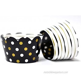 Black and Gold Cupcake Wrappers for birthday parties Anniversary celebrations,Bridal Showers Weddings. Set of 24 Reversible Black and Gold stripes to polka dots Scalloped Cup Cake Holder Wraps.