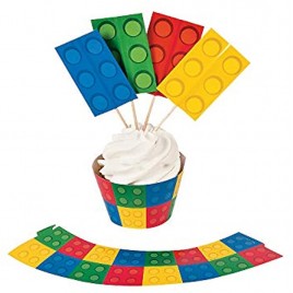 Color Building Brick Party Cupcake Wrappers with Picks 50 of Each
