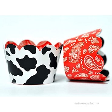 Cow and Bandana Cupcake Wrappers for Kids Birthday Parties Baby Showers Farm themed Bridal Showers Weddings and School Events. Set of 24 Reversible Cow Print to Red Bandana pattern Cup Cake Holder