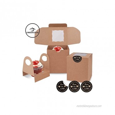 CreekCove Individual Cupcake Kraft Bakery Boxes with Window Rustic Design 25 Pack- 3.5 x 3.5 x 4 Eco-friendly Treat Containers with Holder Inserts Complete with 25 Made With Love Stickers for Gifts