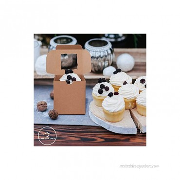 CreekCove Individual Cupcake Kraft Bakery Boxes with Window Rustic Design 25 Pack- 3.5 x 3.5 x 4 Eco-friendly Treat Containers with Holder Inserts Complete with 25 Made With Love Stickers for Gifts