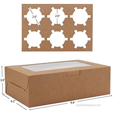 Cupcake Boxes Eusoar 50pcs 9.4 x 6.2 x 3.0 Food Grade Kraft Muffin Cupcake Box Carrier Packaging with Insert and Display Window Cupcake Boxes Fits 6 Cupcakes or Muffins