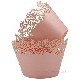 Cupcake Wrappers Pack of 50 Pink Filigree Artistic Bake Cake Paper Cups Little Vine Lace Laser Cut Liner Baking Cup Muffin Case Trays for Wedding Party Birthday Decoration By KPOSIYA Pink