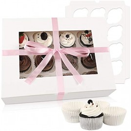 Moretoes Cupcake Boxes 8 Packs White Cupcake Carrier Bakery Boxes with Windows and Inserts to Fit 12 Cupcakes Muffins or Pastries 100 Cupcake Baking Cups and Ribbon