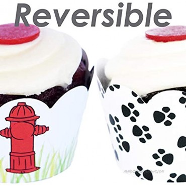 Paw Print Party Supplies 36 Reversible Puppy Dog Theme Cupcake Wrappers | Rescue Patrol Birthday Cup Cake Liners Fire Hydrant Treat Wraps Pet Favor Bag Holder Animal Pals Rescue B-day Decorations