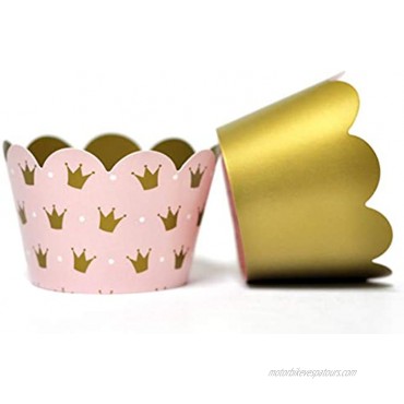 Princess Cupcake Wrappers for Girls Birthday Parties Baby Showers Bridal Showers or Regal Weddings. Set of 24 Reversible Millennia Pink and Gold Crown patterned Cup Cake Holder Wraps. Pale Pink