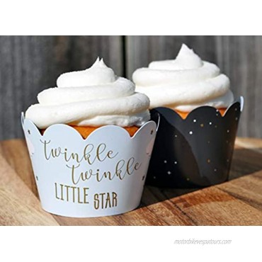 Twinkle Twinkle Little Star Cupcake Wrappers for Gender Reveals Baby Showers party supplies Stars and moon themed parties Nursery Rhyme themes. Set of 24 Reversible Scalloped Cup Cake Holder Wraps