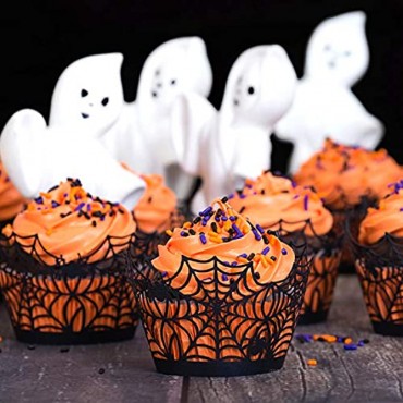 Whaline 100 Pcs Halloween Cupcake Wrappers Artistic Bake Paper Cups Black Laser Cut Cupcake Liners Cake Decoration for Halloween Theme Party