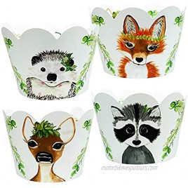 Woodland Animal Cupcake Wrappers 36 | Forest Creatures Baby Shower Camping Theme Decorations Wild One 1st Birthday Party Supplies Fox Hedgehog Doe Deer Raccoon Spring Greenery Holders