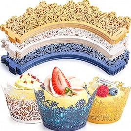 WUWEOT 150 Pack Cupcake Wrappers Holders Rose Laser Cut Liner Paper Baking Cups for Wedding Party Birthday Baby Showers Decoration Gold White Blue