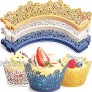 WUWEOT 150 Pack Cupcake Wrappers Holders Rose Laser Cut Liner Paper Baking Cups for Wedding Party Birthday Baby Showers Decoration Gold White Blue