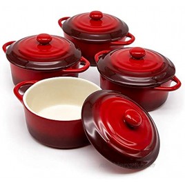 12oz Mini Cocotte by Kook Casserole Dish Ceramic Make Easy to Lift Lid Crimson Red Set of 4,