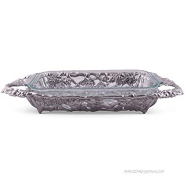 Arthur Court Metal Pyrex Glass Casserole Dish Holder Grape Pattern Sand Casted in Aluminum with Artisan Quality Hand Polished Design Tarnish-Free 21 inch Long 3 Quart Removable Glass Dish Included